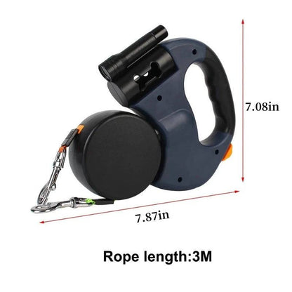 Dark Blue Auto Retractable Double-Ended Traction Rope Dual Dog Leash 360-Degree Rotating With Flashlight & Garbage Bag Storage - TrendyPet's Zone