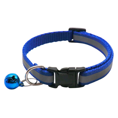 Dark blue reflective LED cat collar with bell, adjustable nylon safety breakaway design for cats and kittens.
