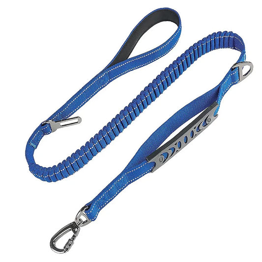 Dark blue reflective shock-absorbing dog leash with car safety buckle from TrendyPet's Zone, designed for secure vehicle travel.