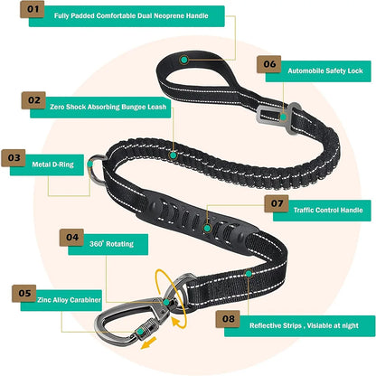 Reflective khaki dog leash with shock absorption and car safety buckle, designed for secure pet travel by TrendyPet's Zone.