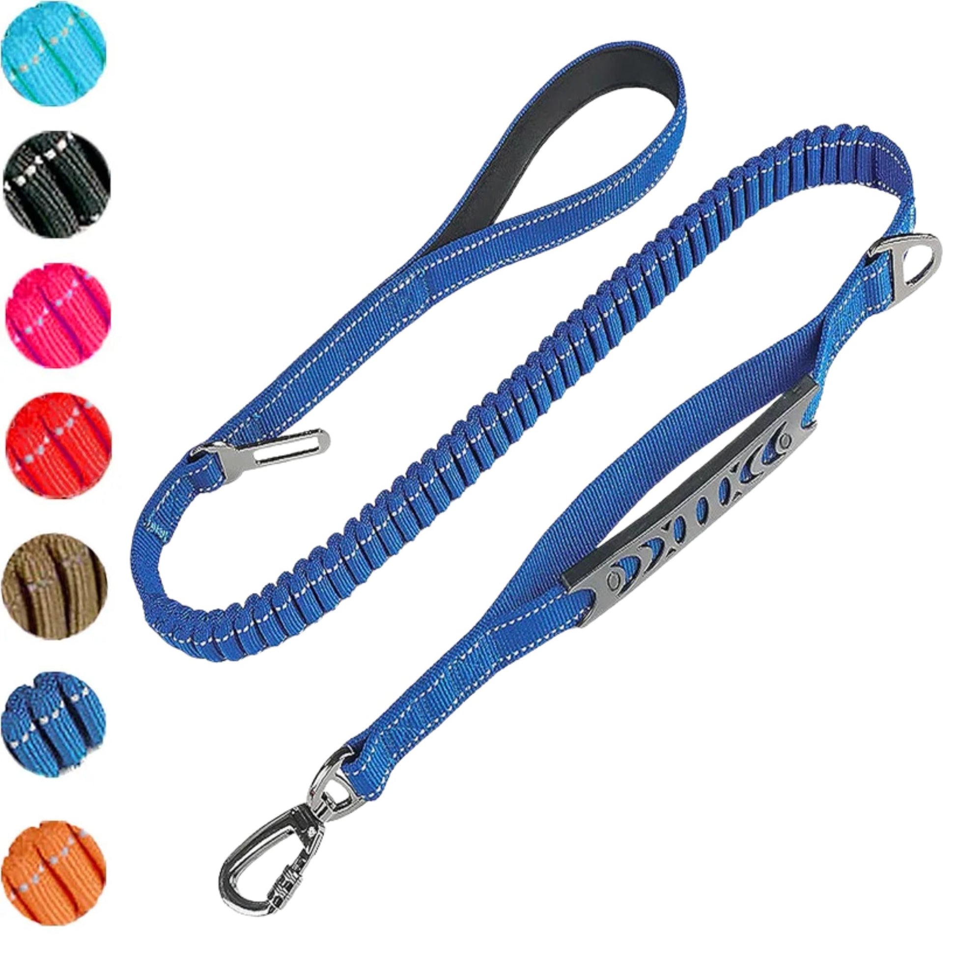 Dark blue reflective shock-absorbing dog leash with car safety buckle, designed for secure vehicle travel by TrendyPet's Zone.