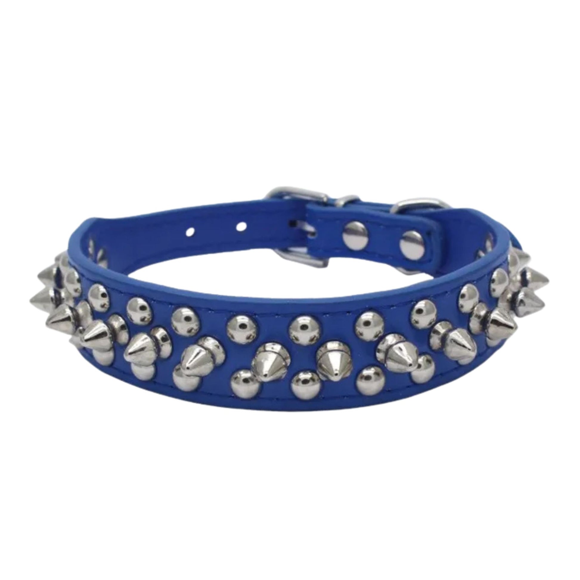 Dark blue spiked leather dog collar with adjustable strap, studded design, suitable for small and medium puppies.
