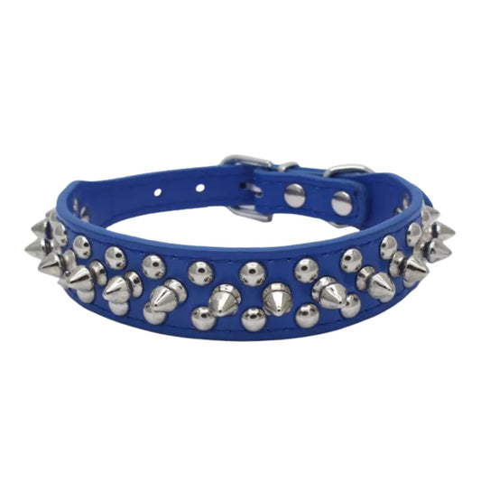 Dark blue spiked leather dog collar with studs, adjustable anti-bite puppy neck strap for small and medium dogs by TrendyPet's Zone.