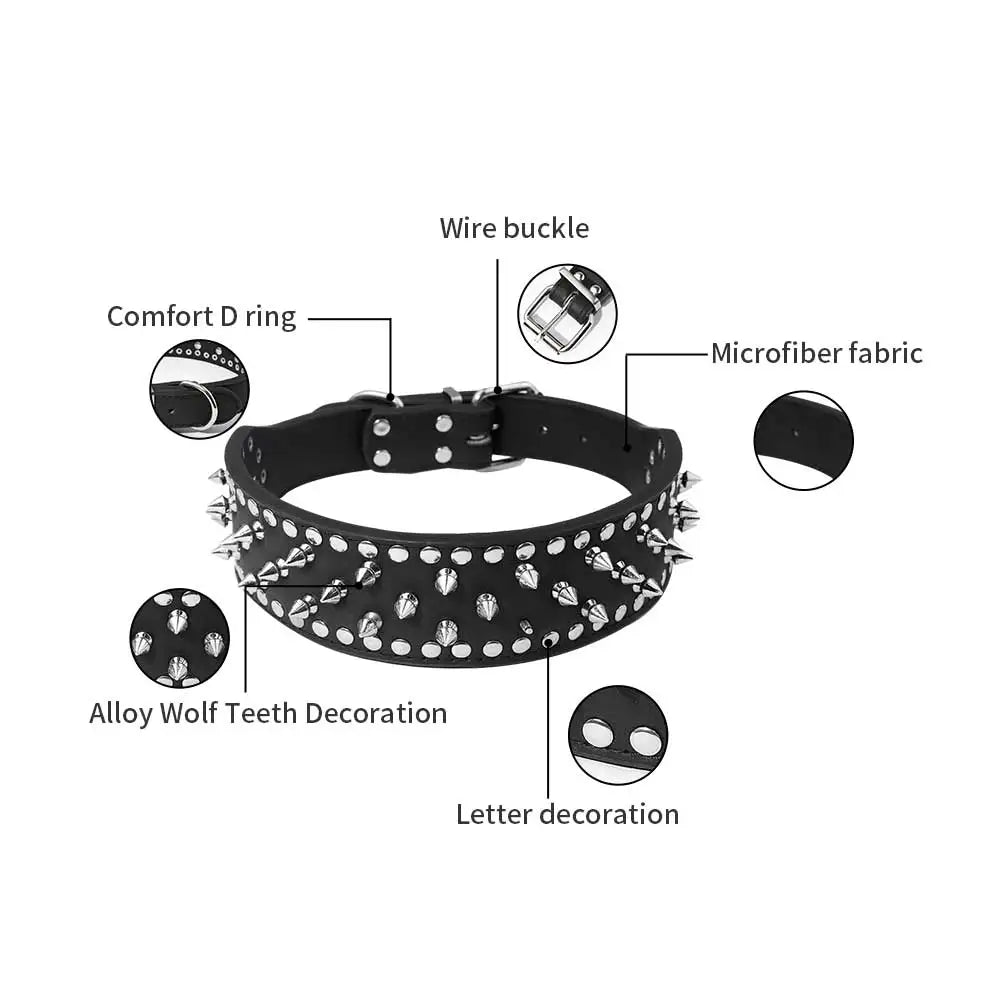 Black spiked leather dog collar with studs, adjustable anti-bite puppy collar for small to medium dogs, TrendyPet's Zone.