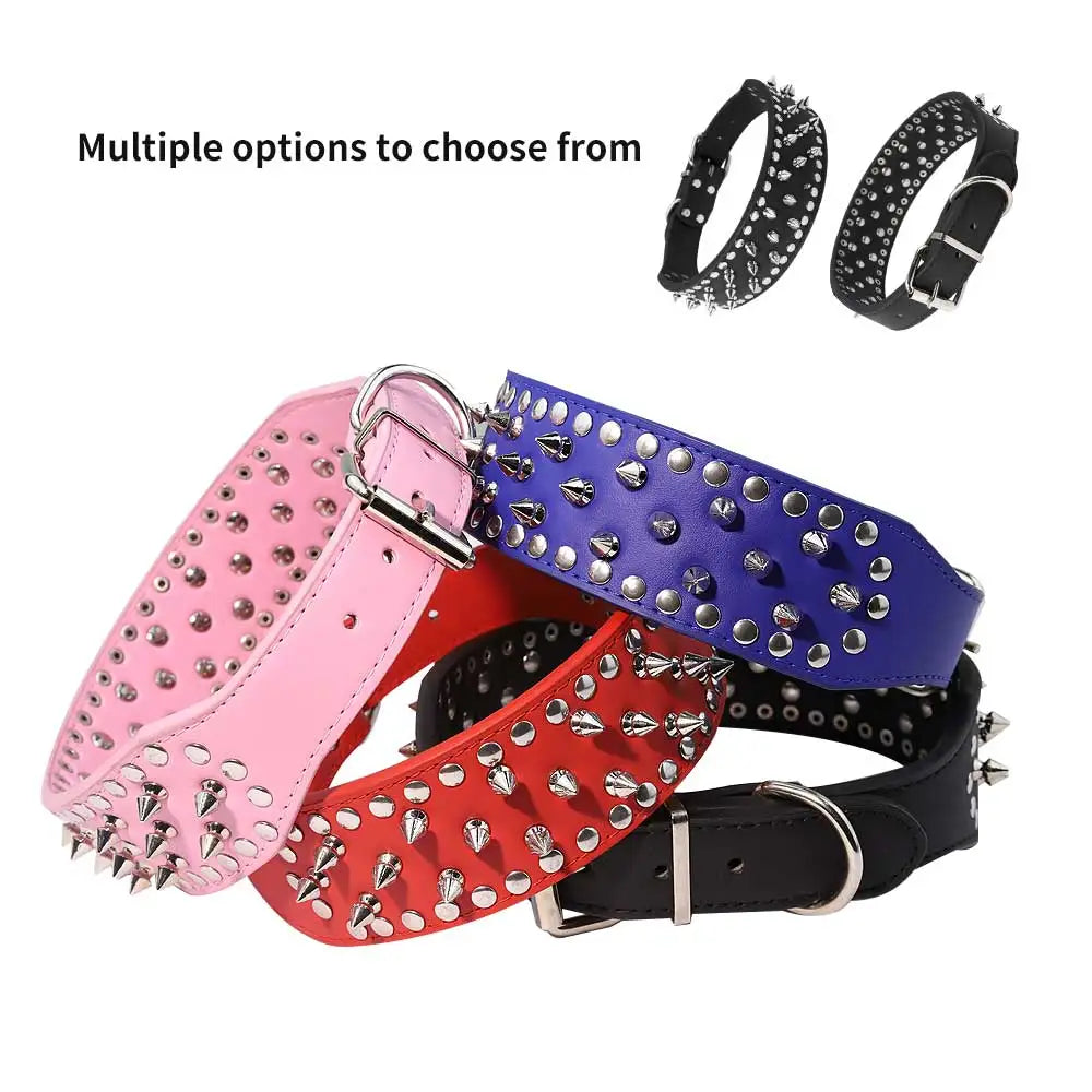 Black spiked leather dog collar with adjustable strap and anti-bite design, suitable for small and medium dogs.