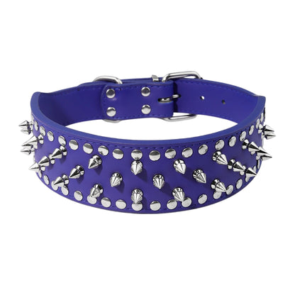 Dark blue spiked leather dog collar with studs, adjustable anti-bite puppy neck strap for small and medium dogs.