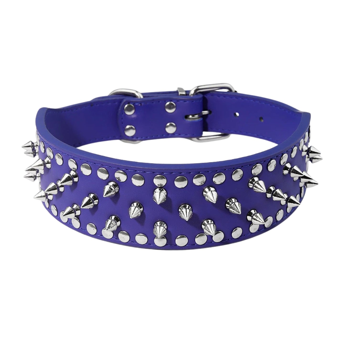 Dark blue spiked leather dog collar with studs, adjustable anti-bite neck strap for small and medium dogs.