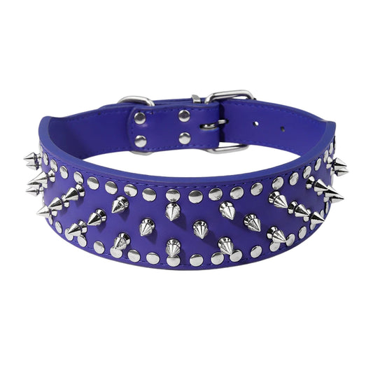 Dark blue spiked leather dog collar with studs, adjustable anti-bite neck strap for small and medium dogs.