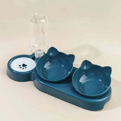 Dark blue TrendyPet's Zone tilted elevated cat water and food bowl set with 3-in-1 design and neck protection for comfortable feeding.