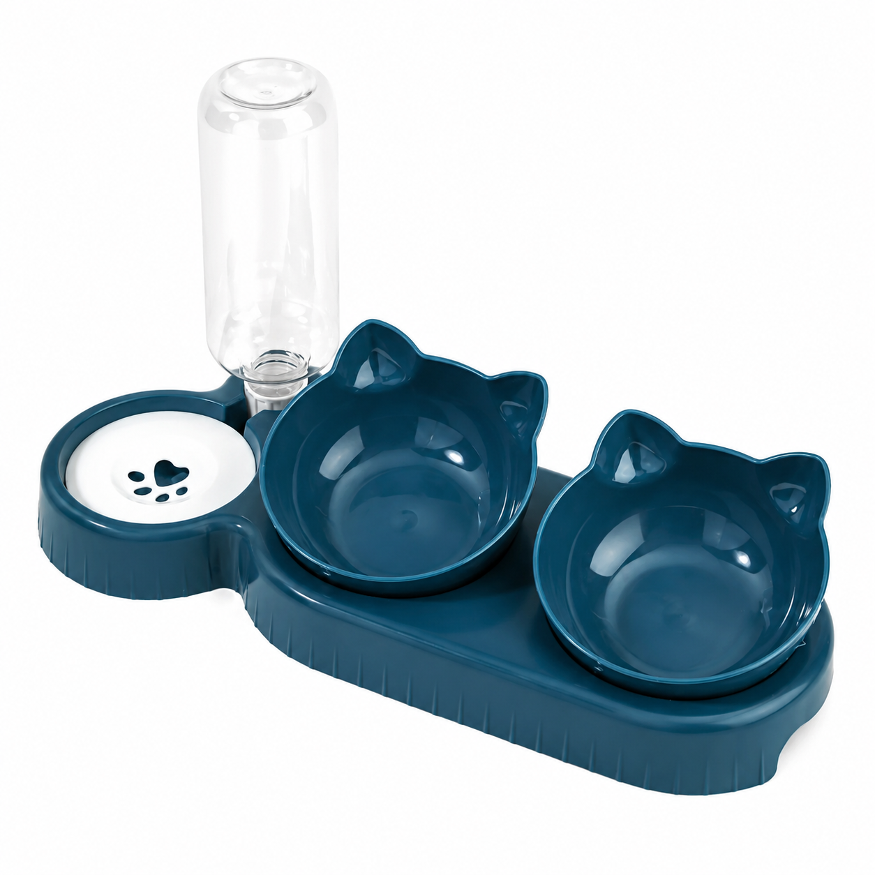 Dark blue TrendyPet's Zone tilted cat water and food bowl set with 3-in-1 design, elevated feeding station and neck protection for cats