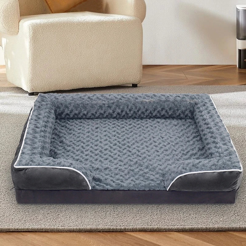 Dark gray bolster dog bed by TrendyPet's Zone featuring waterproof lining, non-skid bottom, washable cover, and orthopedic egg foam cushioning.