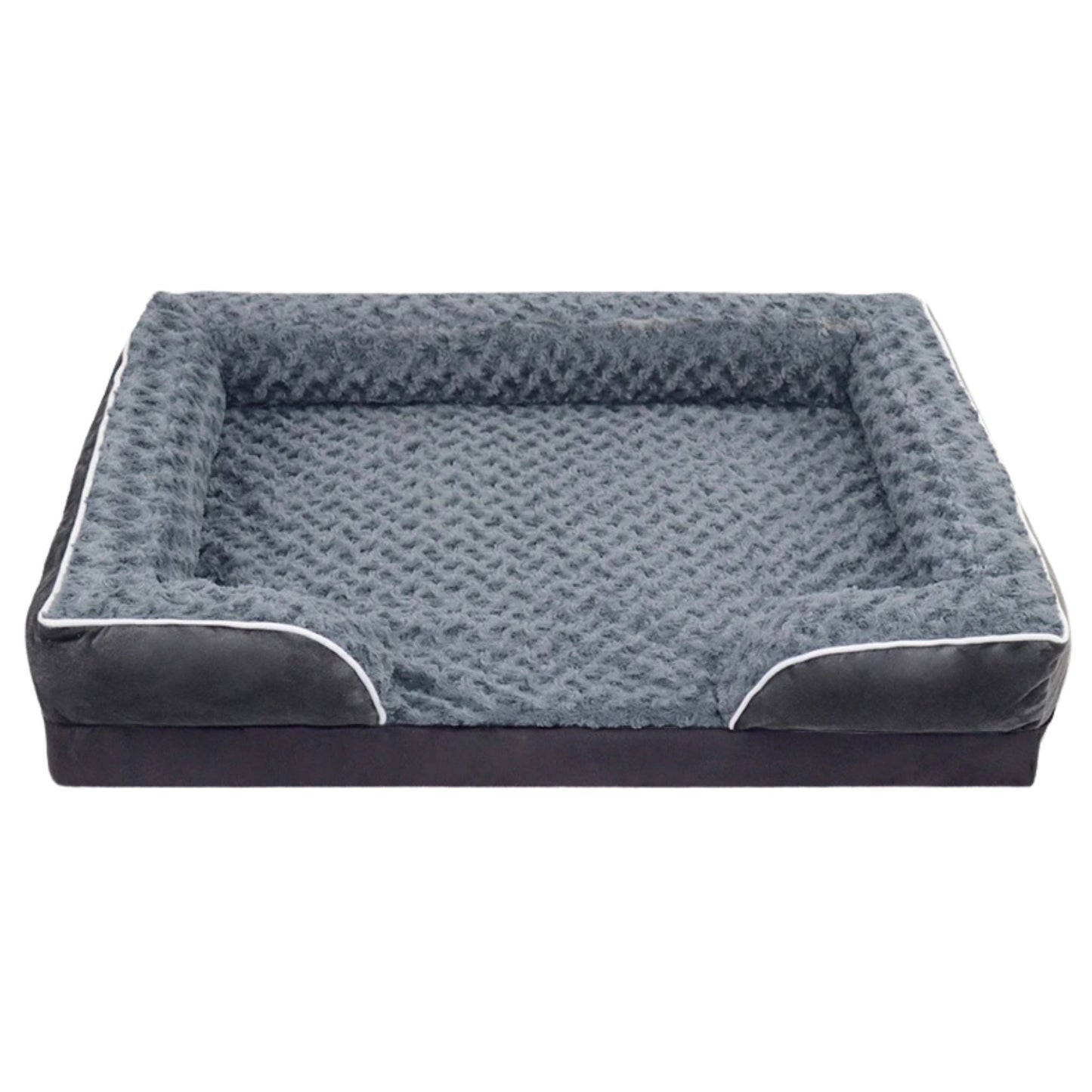 Dark gray bolster dog bed by TrendyPet's Zone with waterproof lining, non-skid bottom, washable cover, and orthopedic egg foam cushioning.