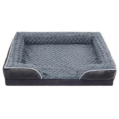 Dark gray bolster dog bed by TrendyPet's Zone with waterproof lining, non-skid bottom, washable cover, and orthopedic egg foam cushioning.
