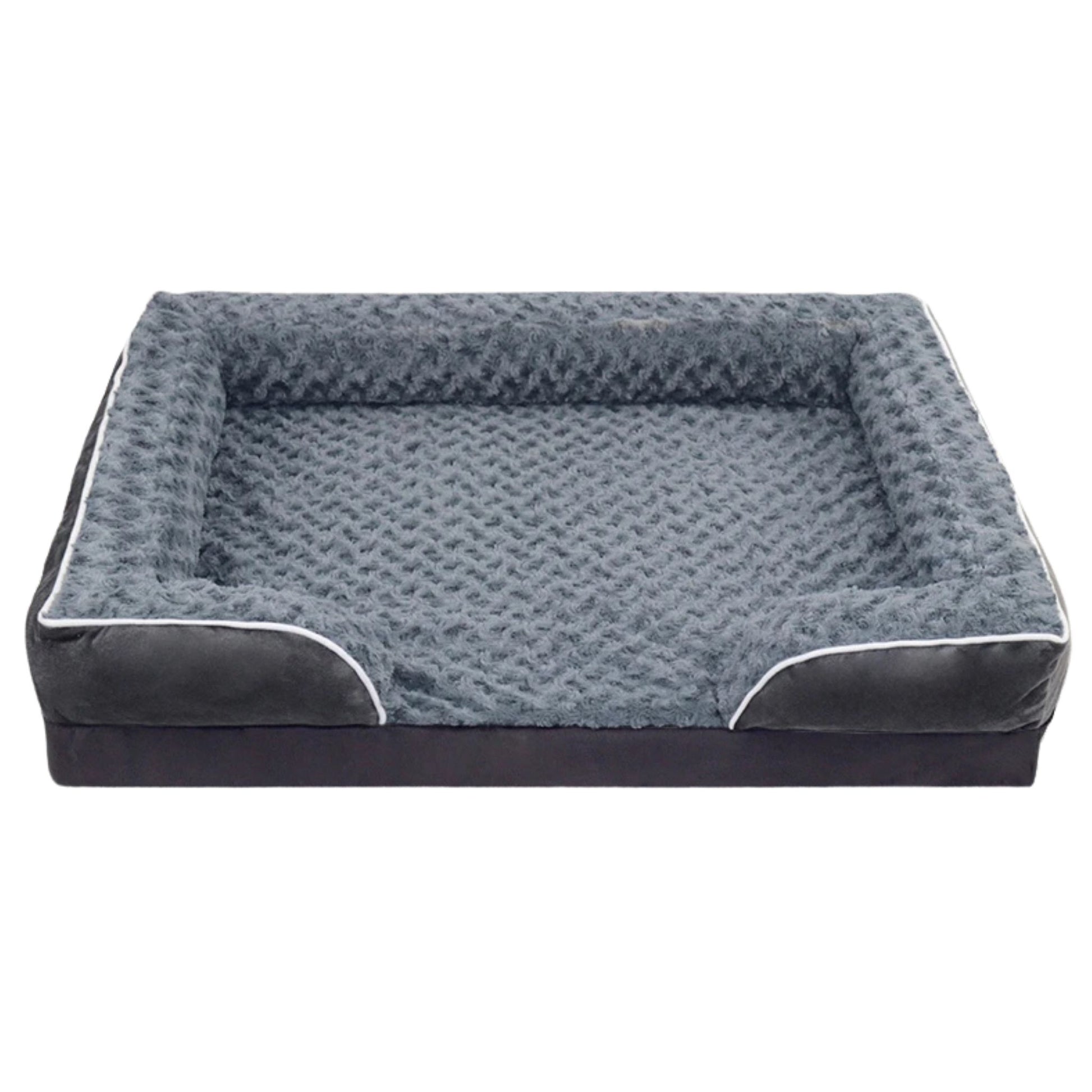 Dark gray bolster dog bed with waterproof lining, non-skid bottom, washable orthopedic egg foam couch by TrendyPet's Zone.