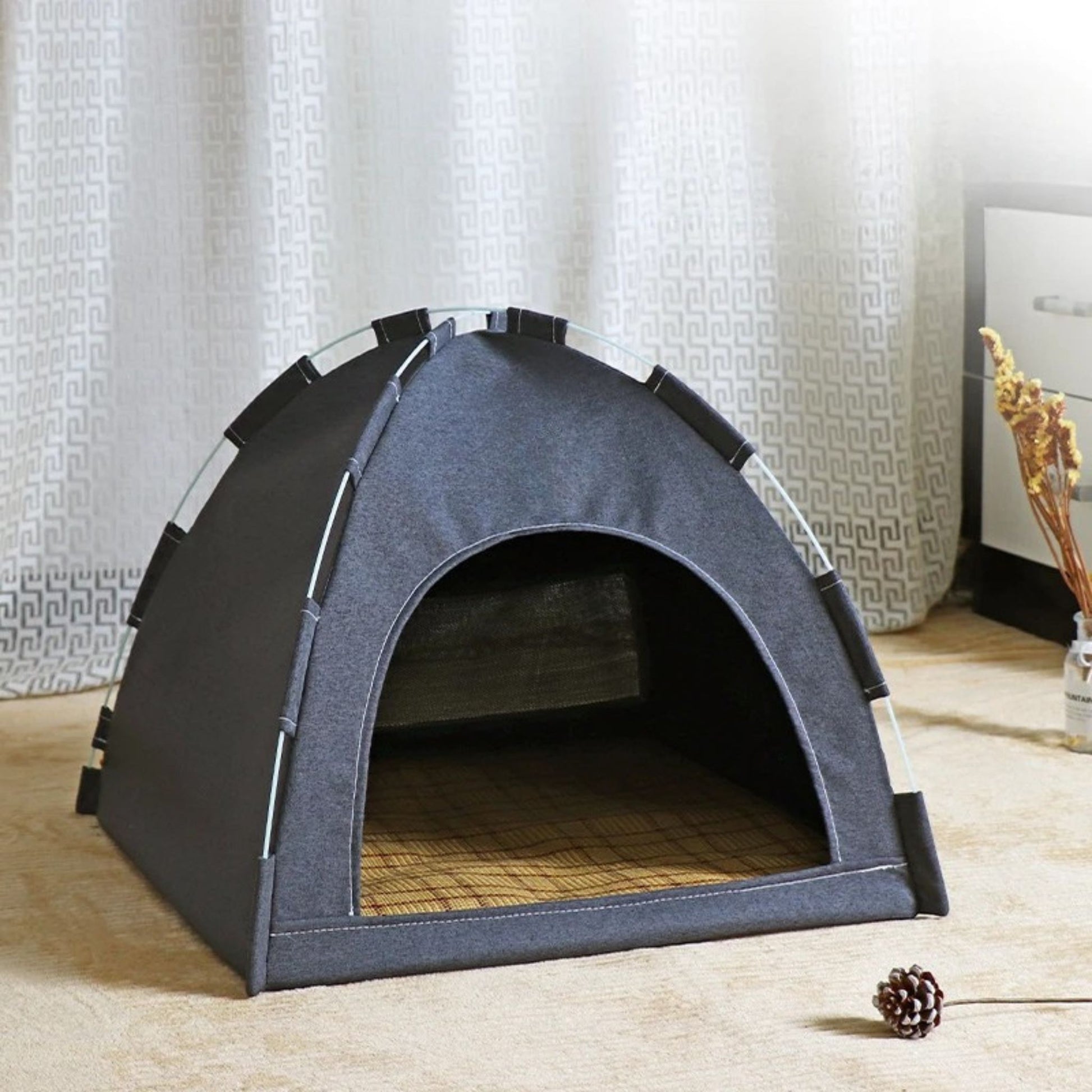 Dark gray foldable pet house tent by TrendyPet's Zone, portable and breathable, suitable for four seasons.