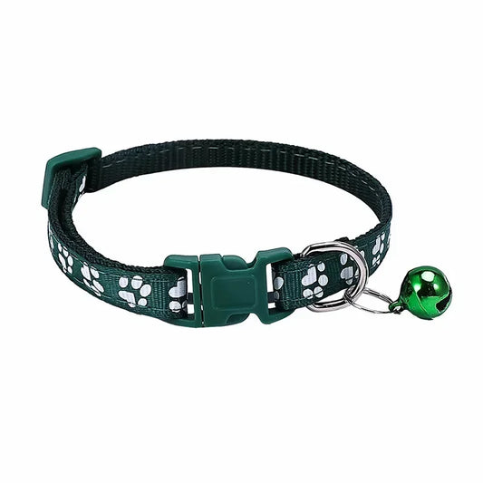 Dark green adjustable nylon cat collar with bell and soft paw print design, suitable for cats and small dogs, from TrendyPet's Zone.