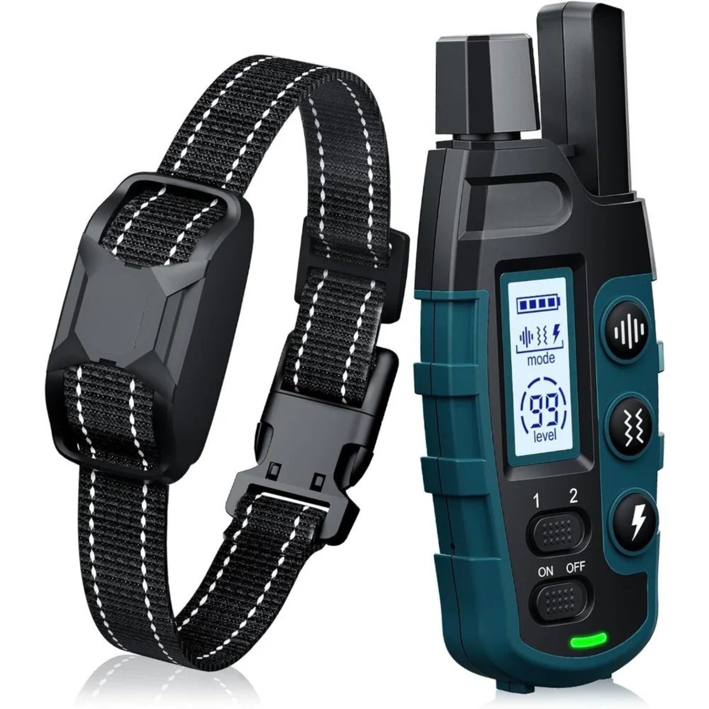 Dark green and black electronic dog training shock collar with remote, waterproof and rechargeable, for small to large dogs by TrendyPet's Zone.