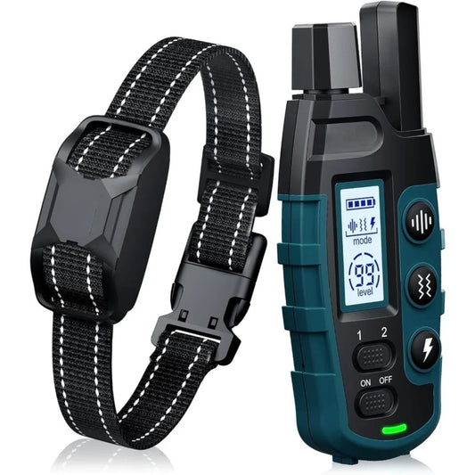 Dark green and black electronic dog training shock collar with remote, waterproof and rechargeable, for small to large dogs by TrendyPet's Zone.