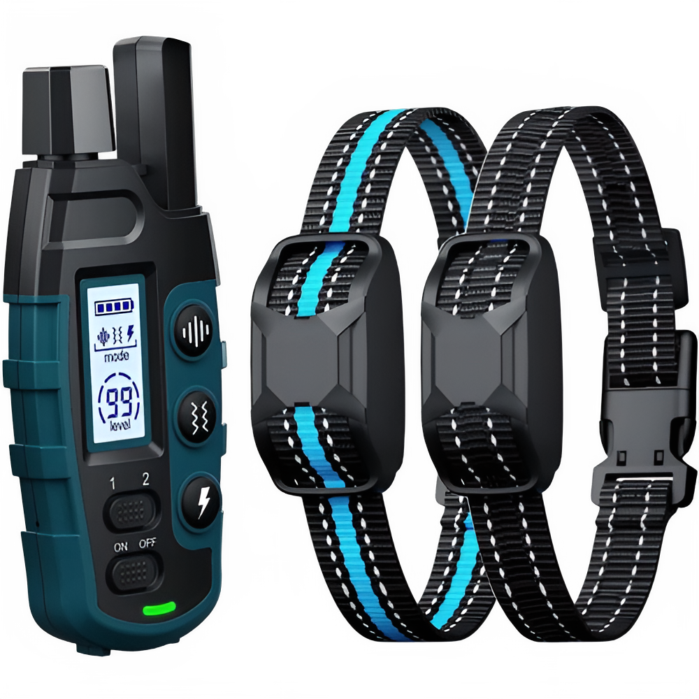 Dark green and black electronic dog training shock collar with remote, waterproof, rechargeable, designed for small to large dogs.