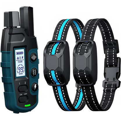 Dark green and black electronic dog training shock collar with remote, waterproof, rechargeable, designed for small to large dogs.
