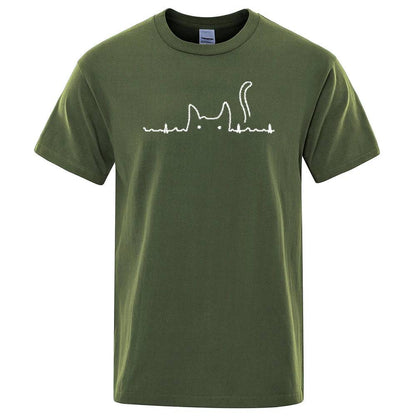 Dark Green Casual Men's T-Shirts Cat Cute Printed Summer Cotton O-Neck Short Sleeve Top Tee T-shirts - TrendyPet's Zone