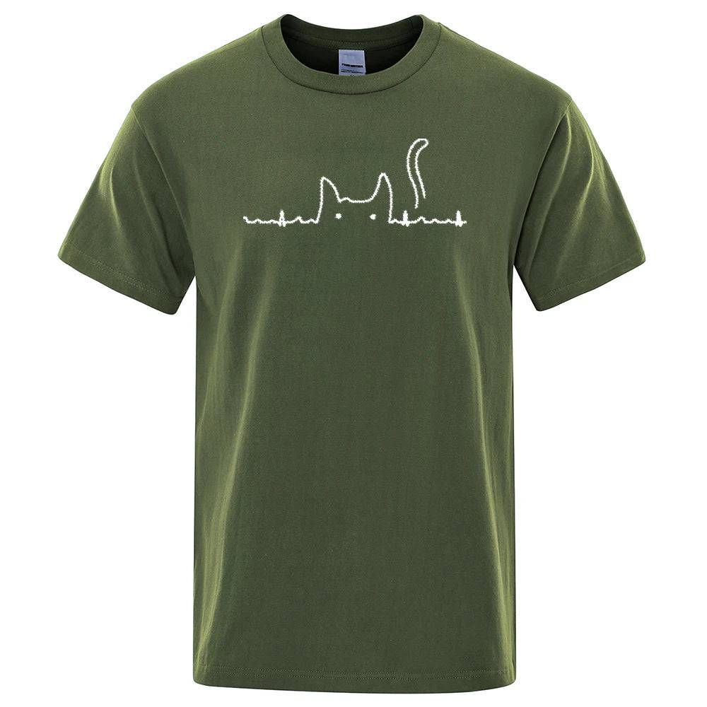 Dark Green Casual Men's T-Shirts Cat Cute Printed Summer Cotton O-Neck Short Sleeve Top Tee T-shirts - TrendyPet's Zone