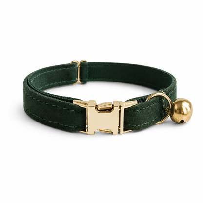 Dark green personalized cat and small dog collar with bell, engraved ID tag, suitable for puppies, bulldogs, chihuahuas, and Yorkshires.