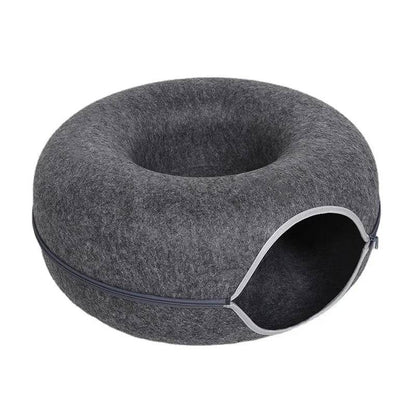 Dark Grey Donut Cat Bed for 2 Pets Tunnel Kitten House Basket Interactive Natural Felt Cave Nest - TrendyPet's Zone