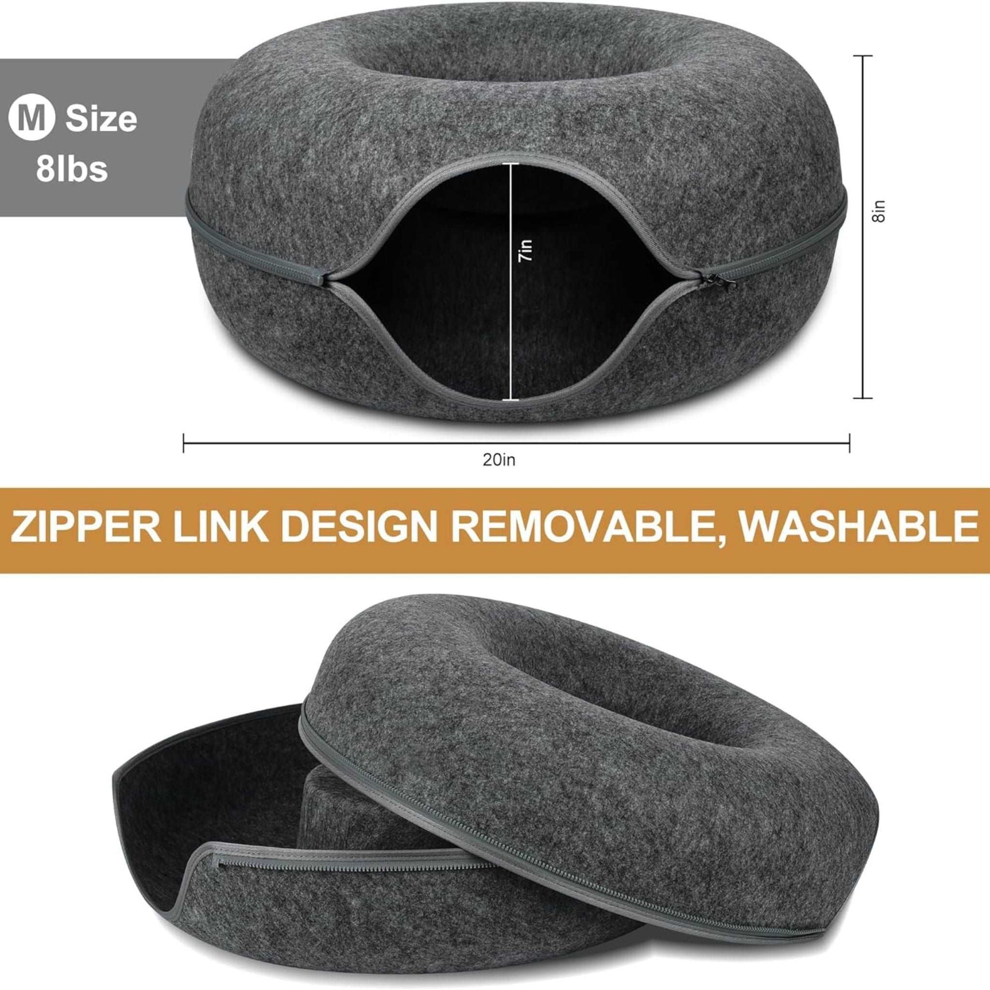 Dark Grey Donut Cat Bed for 2 Pets Tunnel Kitten House Basket Interactive Natural Felt Cave Nest - TrendyPet's Zone