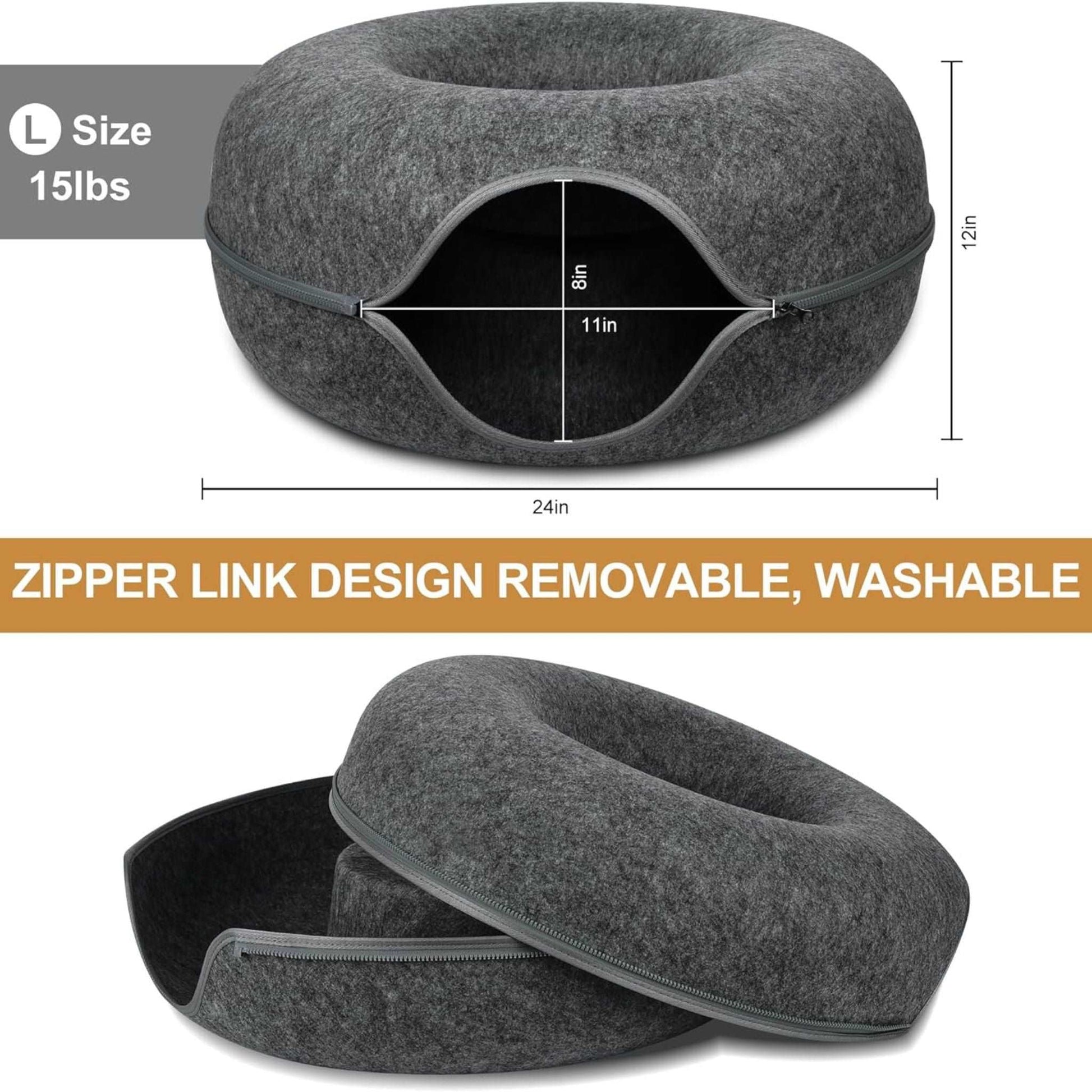 Dark Grey Donut Cat Bed for 2 Pets Tunnel Kitten House Basket Interactive Natural Felt Cave Nest - TrendyPet's Zone