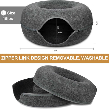 Dark Grey Donut Cat Bed for 2 Pets Tunnel Kitten House Basket Interactive Natural Felt Cave Nest - TrendyPet's Zone