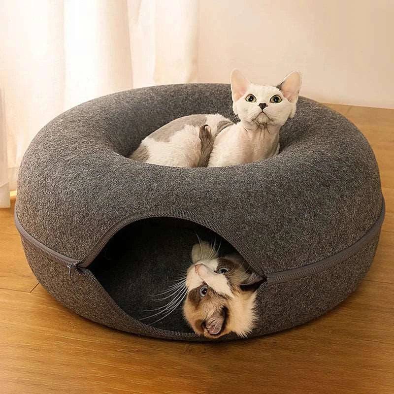 Dark Grey Donut Cat Bed for 2 Pets Tunnel Kitten House Basket Interactive Natural Felt Cave Nest - TrendyPet's Zone