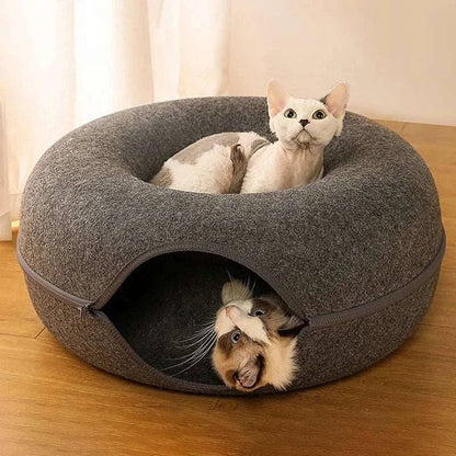 Dark Grey Donut Cat Bed for 2 Pets Tunnel Kitten House Basket Interactive Natural Felt Cave Nest - TrendyPet's Zone