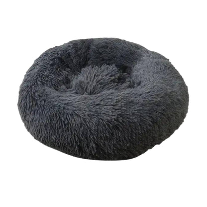 Dark grey round plush pet bed from TrendyPet's Zone, featuring a cozy, thick, soft material with a zipper for easy removal and cleaning.
