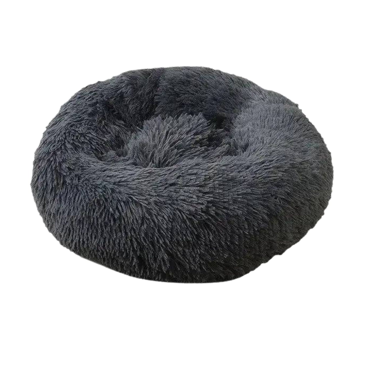 Dark grey round plush pet bed with zipper, soft and cozy for dogs and cats, from TrendyPet's Zone.