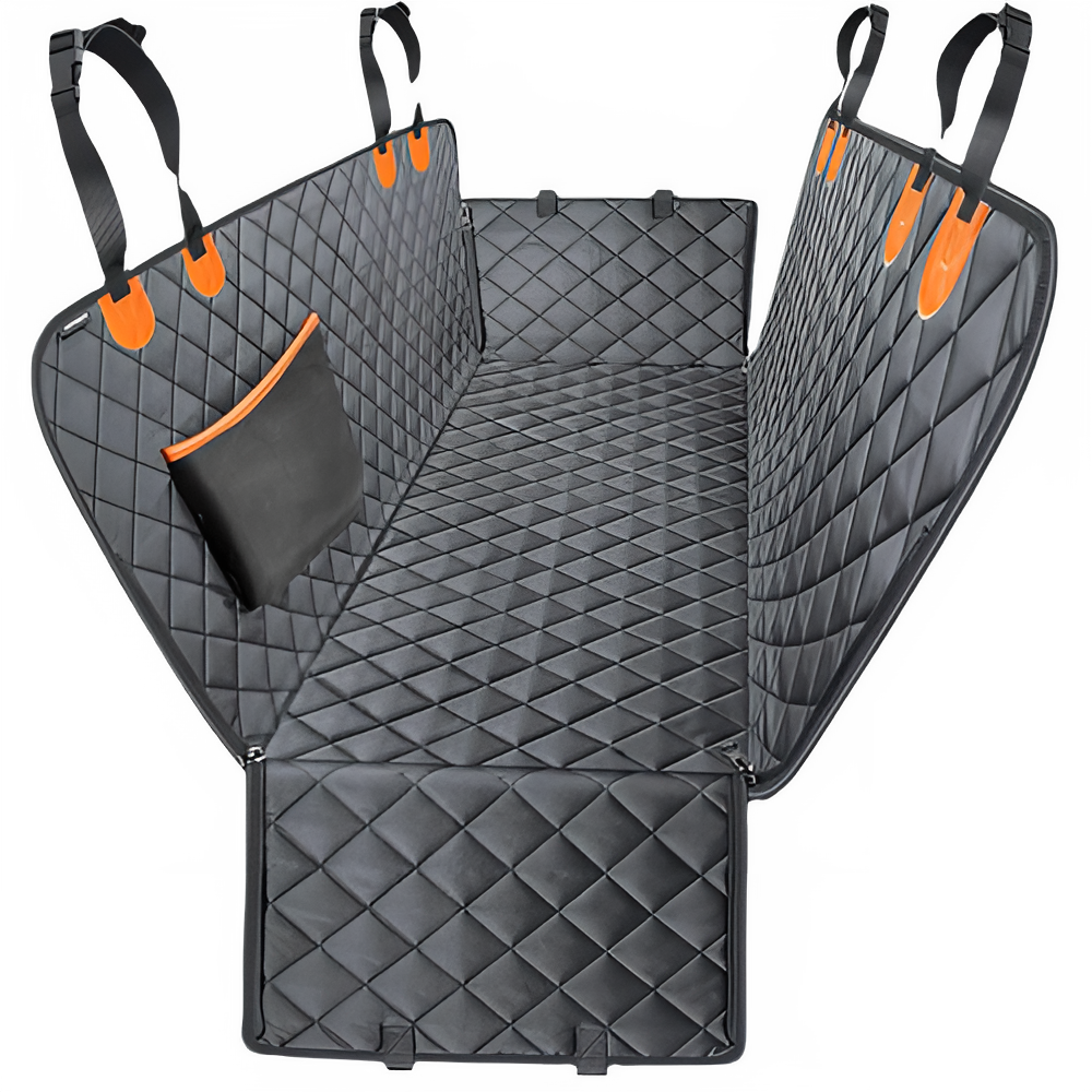 TrendyPet's Zone waterproof dog car seat hammock, heavy-duty 600D cover with scratch-proof, non-slip design for back seat comfort.