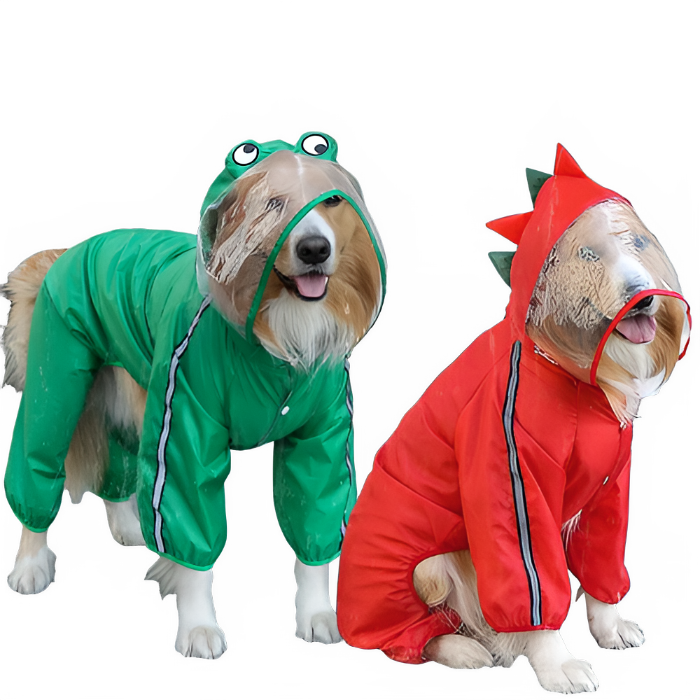 TrendyPet's Zone waterproof dog rain jacket with hood and reflective accents, designed to keep dogs dry in rainy weather.