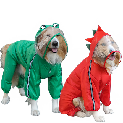 TrendyPet's Zone waterproof dog rain jacket with hood and reflective accents, designed to keep dogs dry in rainy weather.