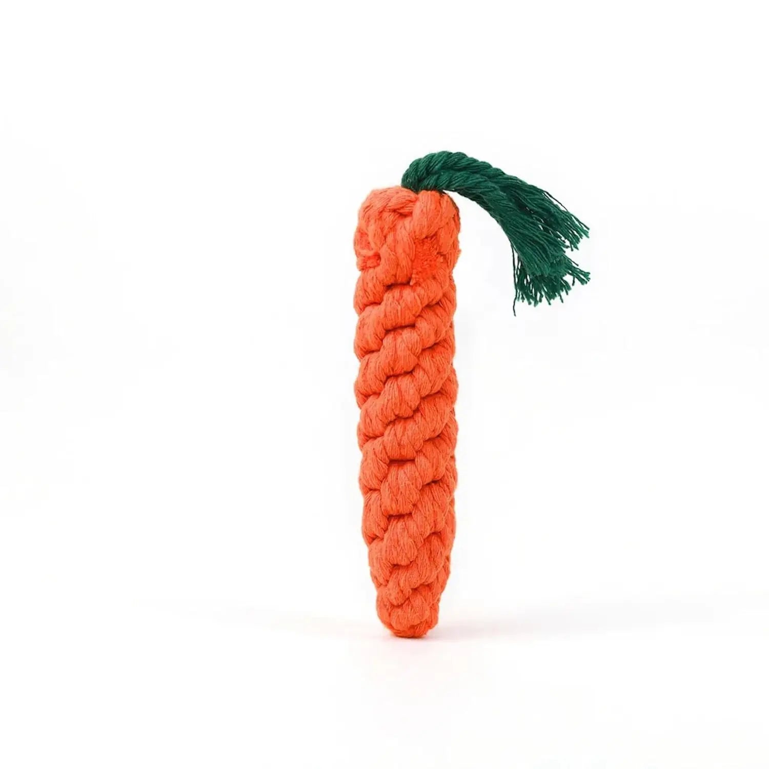 Dog holding TrendyPet's Zone durable cotton rope carrot knot chew toy with green tassel in mouth on white background.