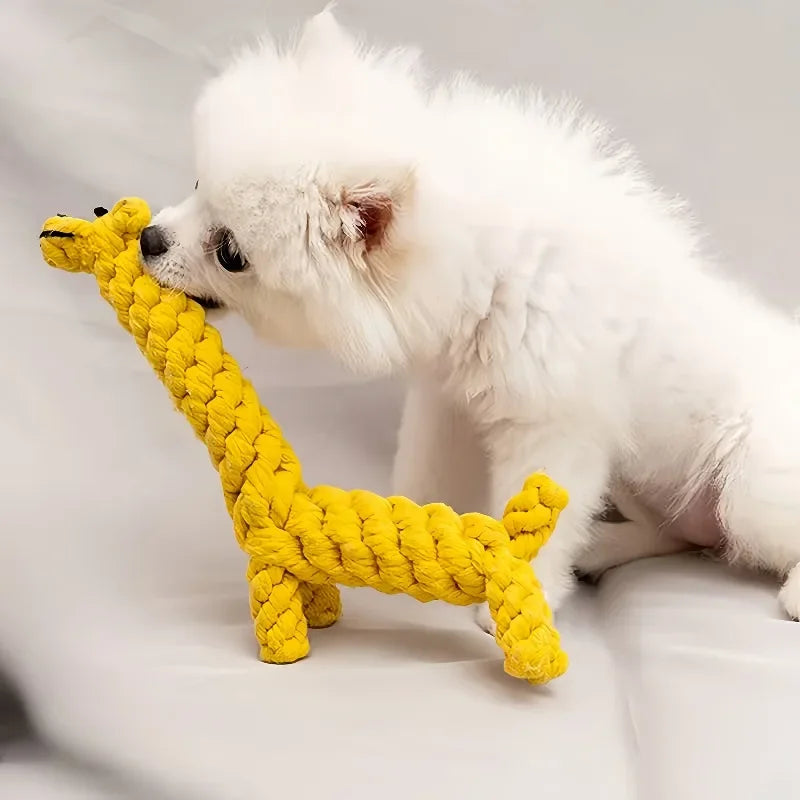 Durable dog toy with a chew-resistant rope knot shaped like a giraffe, from TrendyPet's Zone, designed for playful chewing and tugging.