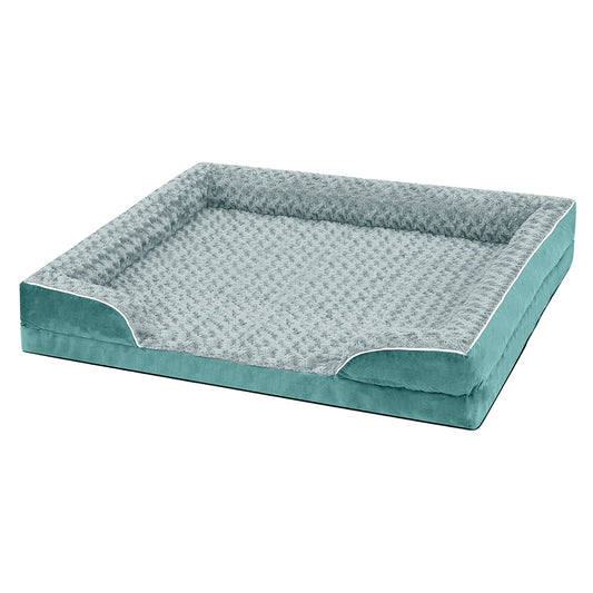 Emerald bolster dog bed with waterproof lining, non-skid bottom, washable cover, and orthopedic egg foam for comfort.
