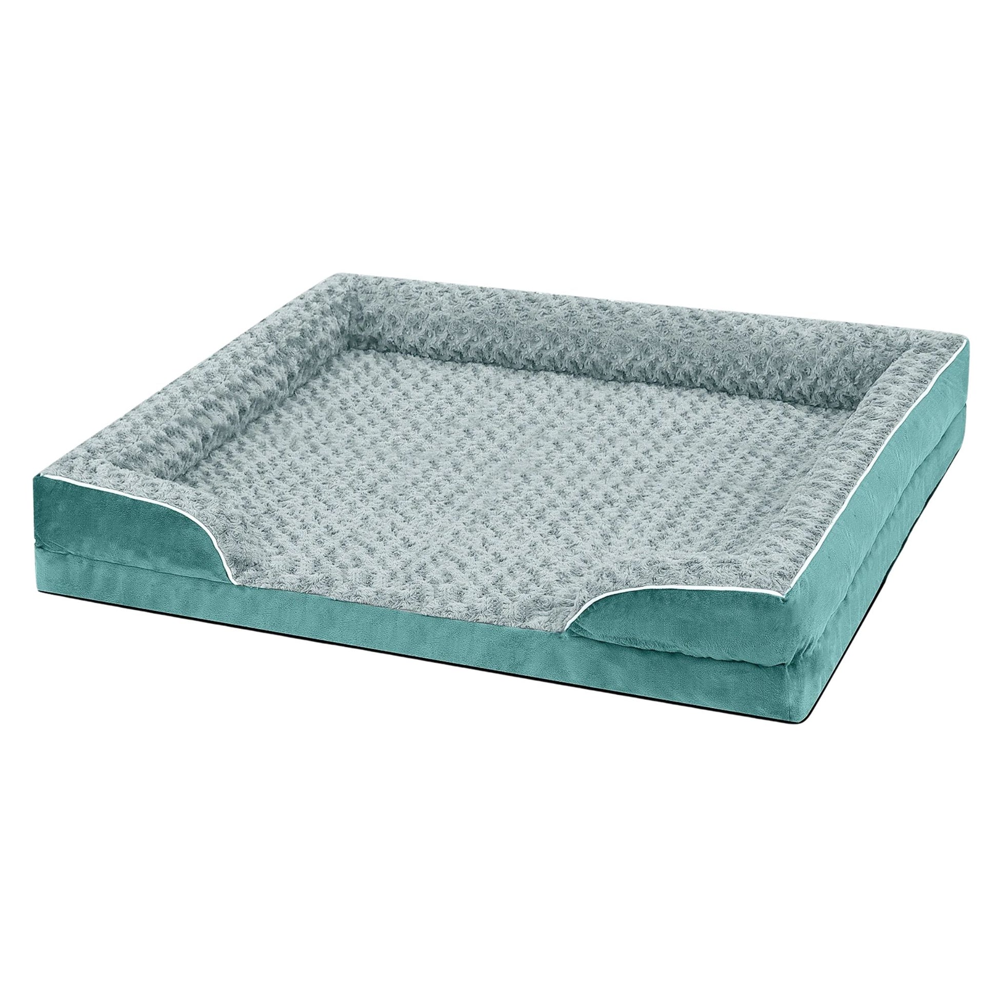 Emerald bolster dog bed by TrendyPet's Zone with waterproof lining, non-skid bottom, washable cover, and orthopedic egg foam cushion.