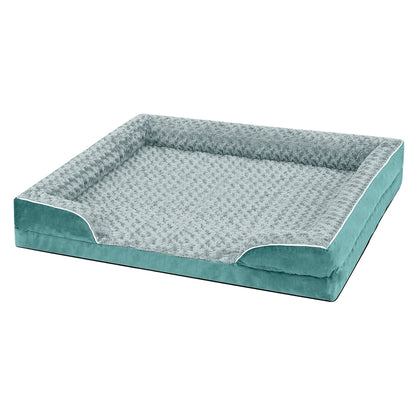 Emerald bolster dog bed by TrendyPet's Zone with waterproof lining, non-skid bottom, washable cover, and orthopedic egg foam cushion.