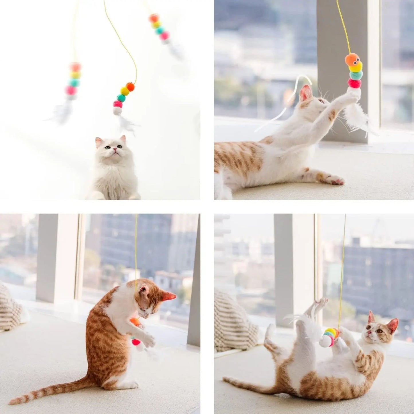 TrendyPet's Zone feather caterpillar cat toy with hanging scratch rope for interactive feline play and entertainment.