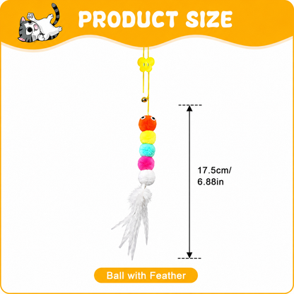 Colorful feather caterpillar hanging toy for cats with scratch rope and retractable design, by TrendyPet's Zone for interactive play.