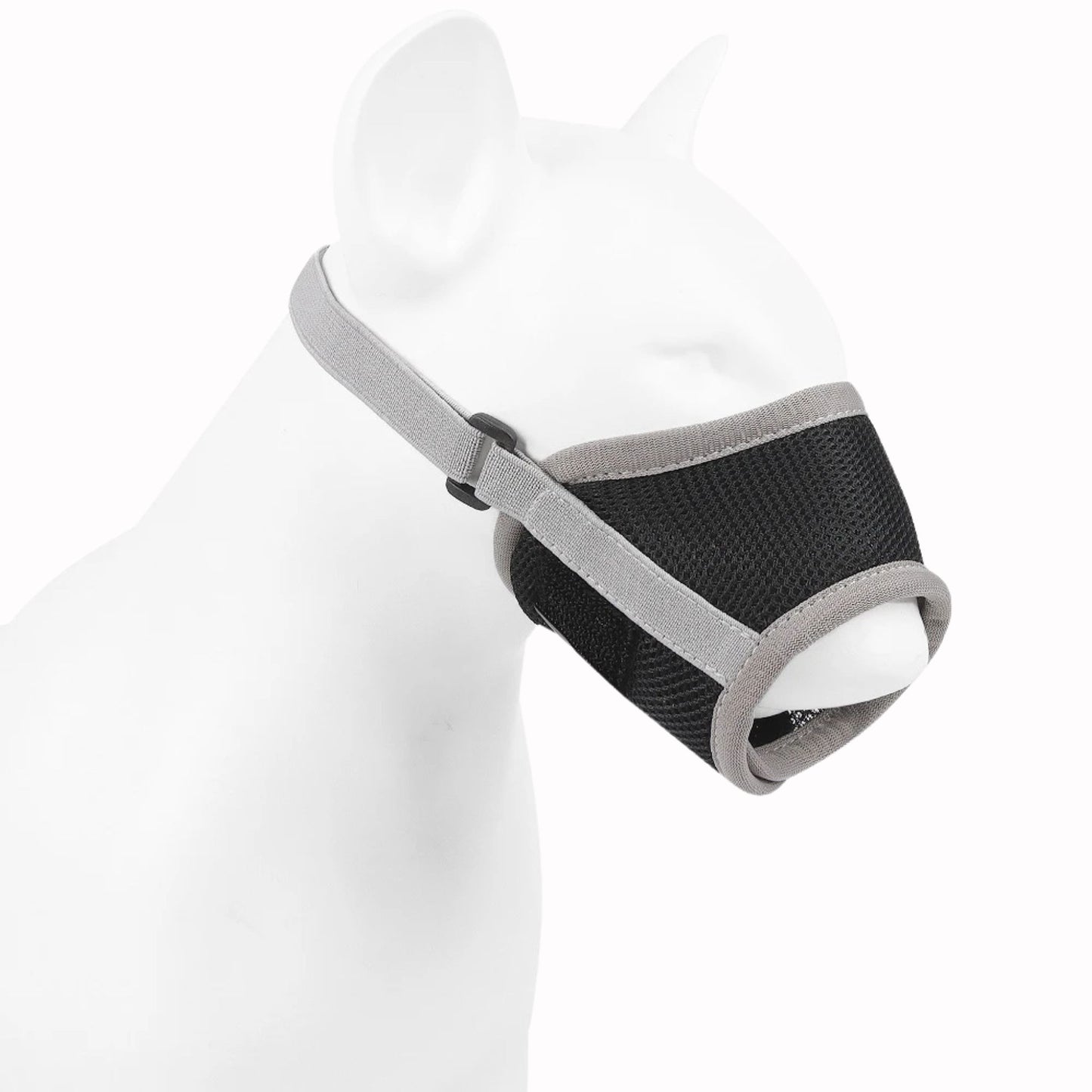 Gray adjustable anti-bark dog muzzle made of breathable soft mesh, designed for comfort and control by TrendyPet's Zone.