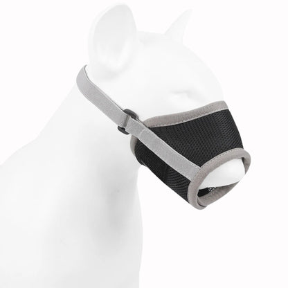 Gray adjustable anti-bark dog muzzle made of breathable soft mesh, designed for comfort and control by TrendyPet's Zone.