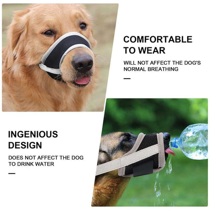 Gray adjustable anti-bark dog muzzle made of breathable soft mesh, designed for comfort and control for dogs.