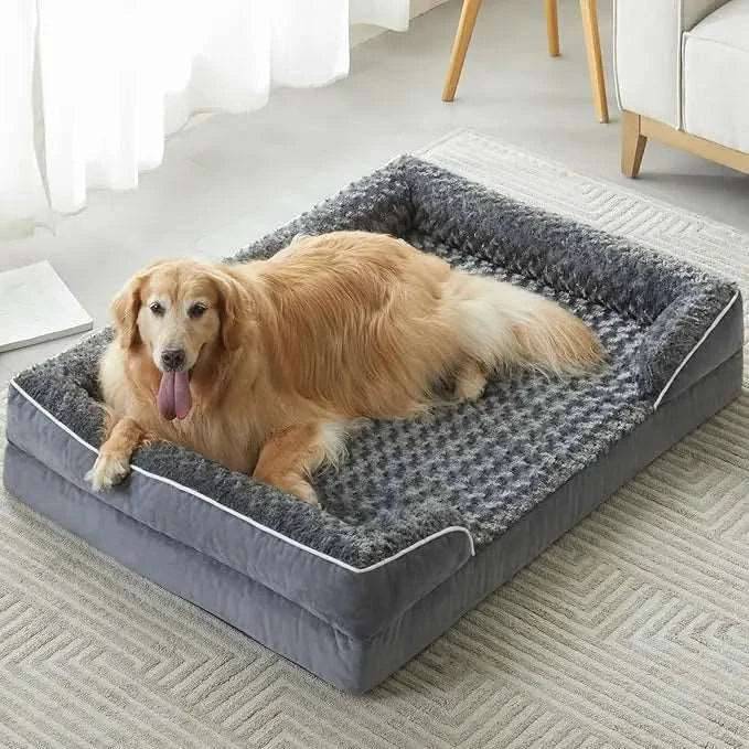 Gray bolster dog bed with waterproof lining, non-skid bottom, and orthopedic egg foam for comfort and support.
