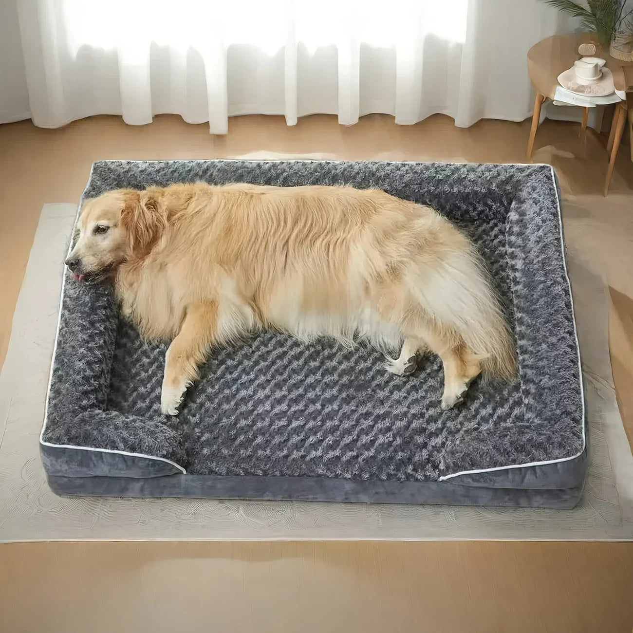 Gray bolster dog bed by TrendyPet's Zone with waterproof lining, non-skid bottom, washable cover, and orthopedic egg foam cushioning.